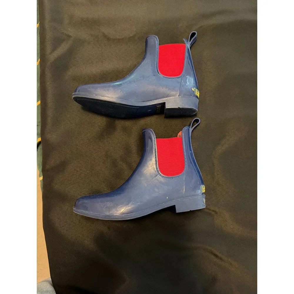 Lauren Ralph Lauren Tally Navy Blue Red Chelsea Rain Boots Womens 9 Polka Dot